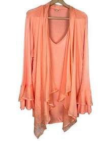 Reba Tunic Top Womens 2X Apricot Chiffon Twofer Draped V-Neck Long Bell Sleeve