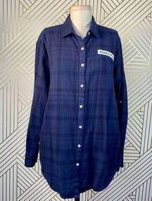 SoulCycle Blue Plaid Flannel Button Down Logo Top