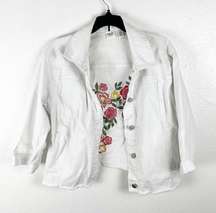 RAFAELLA White Embroidered Frayed Hem Button Pockets Jean Jacket, Size Medium