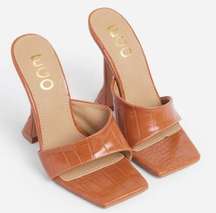 EGO Luv Square Peep Toe Mules Heels Tan Croc Print UK 6 US 8