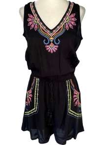 New  Neon Embroidered Tie Back Romper V-Neck Sleeveless Black Multi