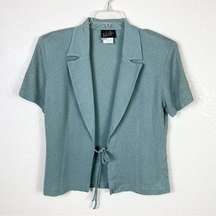 Vintage Wild Rose Grey Blue Short Sleeve Tie Front Blazer Shirt