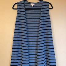 LULAROE JOY Size S Long Duster Vest Cardigan Sweater Denim Blue Black Striped