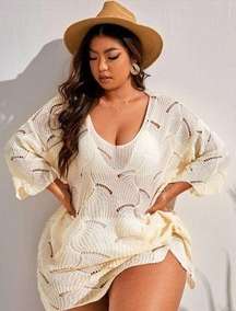 SHEIN Curve Crochet Knit Coverup Dress Long Sleeve Tan Size 3XL Plus Tan Beige