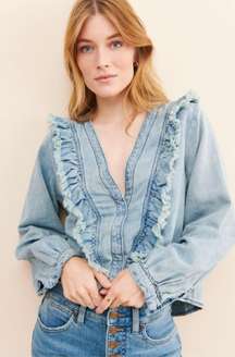 - Captain Ruffle Chambray Button Down Shirt Western Boho Festival