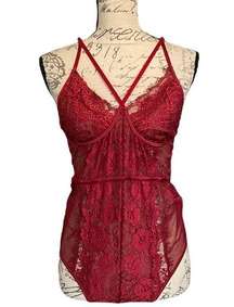 Red Lace Mesh One Piece Teddy Size Large NWOT