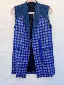 Do + Be Women's Raw Sleeveless Houndstooth Pattern Zip-Up Blue Vest Size S