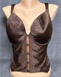 Vintage Curvation Bustier Longline Bra 38D Second Skin Satin Brown Floral Y2K