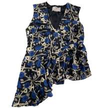 Jason Wu Shirt Women 6 Black Blue Cream Floral V-Neck Asymmetrical Ruffle Silk