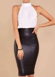 Faux Leather Pencil Skirt Very Black Shiny Stretchy Shapewear Edgy Moto XL