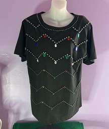 Oleg Cassini Black Embellished Short Sleeve Blouse Size Small