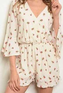 Molly Green Rose Print Floral Ruffle Cream 3/4 Sleeve Romper Sz L