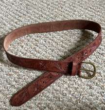 brown tooled floral genuine buffalo leather belt