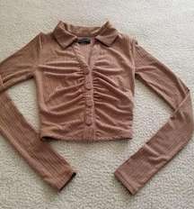 Naked Wardrobe Women's Mocha Button Up Long Sleeve Crop Collard Shirt Size XS