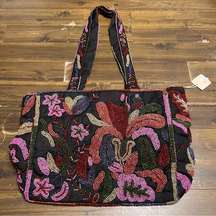 Hand Beaded Floral Botanical Tote Handbag Black Made in India