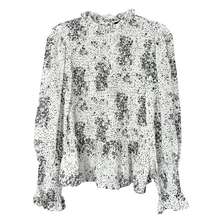 Fab'rik Women's Speckle Print Long Sleeve Smocked Blouse White Black Size Medium