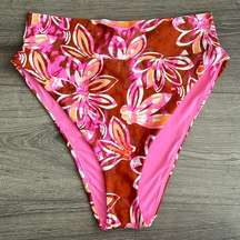 NWT AERIE High Cut Cheeky Bikini Bottom Floral Rust Red Hot Pink Size Large