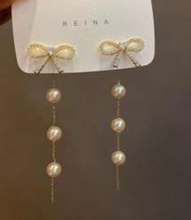 Elegant Bow White Pearl Dangle Drop Earrings for Women