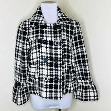 Oleg Cassini Wool Blend Coat MEDIUM Black White Boucle Plaid Double Breasted