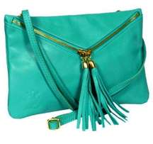 VTG Vera Pelle Italian LEATHER HANDBAG Teal Crossbody Shoulder Wristlet Clutch!