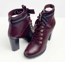 JUSTFAB Ribonea Burgundy Lace Up Chunky Heel Faux Vegan Leather Booties,…