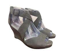 Eileen Fisher Women’s Carole Wedge Sandals in Gray Leather Size 7.5