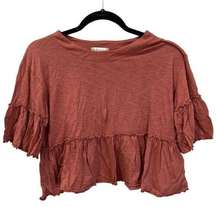 Altar'd State Women's Brown Peplum Round Neck Short Sleeve Crop Top Size Small