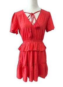 NSR Womens Kailani Tiered Dress Red V Neck Short Sleeve Eyelet Lace Cotton S New