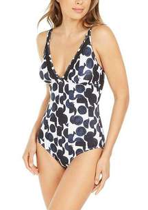 DKNY Geo Mesh-Trim One-Piece Black White V-Neck Swimsuit NWT 16