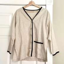 Beige and Black Linen-Type Button Up Cardigan