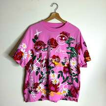 First row colorful floral roses daisy pink shirt size large