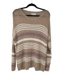 Loveriche Tan White Horizontal Stripe Loose Knit Sweater
