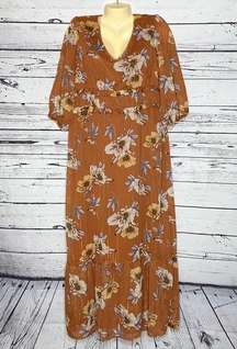 Luxology NWT Size L Rust with Floral Print Ruffle Maxi Peasant Dress