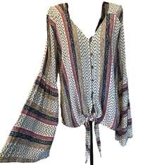 fab’rik multi color boho bell sleeve tie front Top size Small