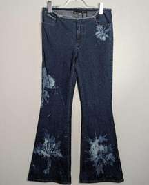 Vintage 90's Y2K DKNY Jeans Low Rise Flares Frayed Waistband  Tie Dye Rhinestone