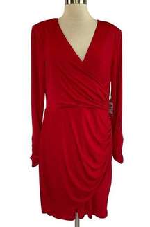 Women's Cocktail Dress Size 16 Red Long Sleeve Ruched Sheath