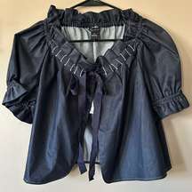 NWT August Silk Blue Denim Short Sleeve Ruffle Ribbon Tie Jacket size 10