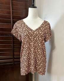 Everleigh Womens Tunic Top Brown Floral Short Sleeve V Neck Back Tie Open XS New