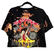 Betty Boop Born To Rule Motorcycle Racing Bleached Black Crop T Shirt Size L