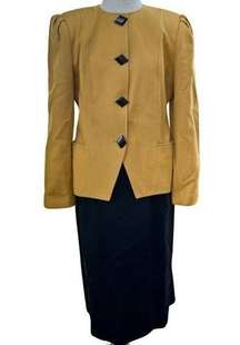 Vintage Oleg Cassini 80s Two Piece Womens Suit, Mustard and Black Size 10