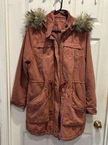 American Eagle Parka Jacket Size Large Blush Rose Faux Fur Hood Supernatural