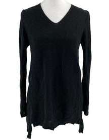 Eileen Fisher 100% Merino Wool V-Neck Knit Sweater Hi-Low Hem Black size PP