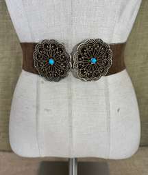 Vintage Brown Suede Leather Belt With Brass & Turquoise Buckle S -M-0-35 Inches 