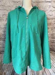 Dream Jeannes by Quacker Factory Green Zip Jacket Hooded Rhinestone Bling M