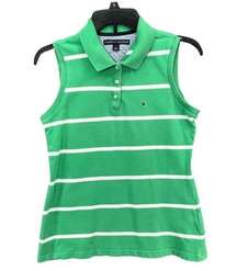 Tommy Hilfiger Polo Womens M Green White Striped Sleeveless Golf Shirt Top Y2K