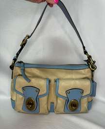 Blue & Tan Legacy Double Pockets Turn Lock Satchel Canvas & Leather #13102