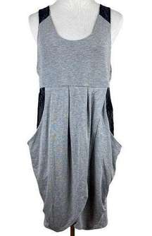 Heartloom Mini Dress‎ M Gray Knit Black Lace Racerback Pockets Sleeveless