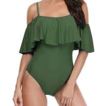 NWT Tempt Me Small One piece swimsuit Cold shoulder ruffle Green Swim Womens