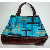 Tommy Hilfiger Tote Bag Purse Handbag Turquoise Blue Brown Signature Print