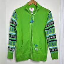 VTG Quacker Factory Zip Up Sweater Woman’s Size Medium Bright Green Snowflakes